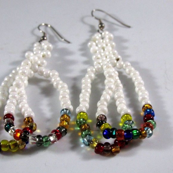 Double Hoop White & Multi-color Beaded Glass Drop Dangle Earrings - Picture 2 of 4
